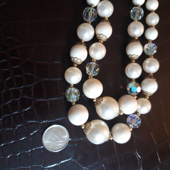 1960s 15" Lisner Faux Pearl & Aurora Borealis Crystal Vintage Necklace - Picture 15 of 16